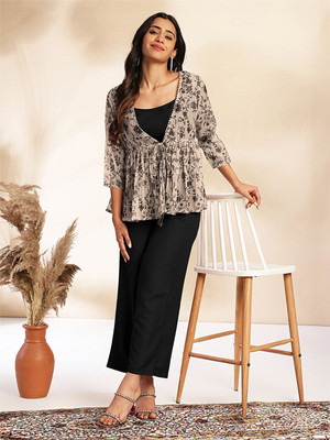 Janasya Women Crop Top Pant Ethnic Jacket Set