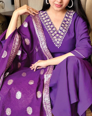 Blue Zircon Embroidered, Solid Kurta, Trouser/Pant & Dupatta Set