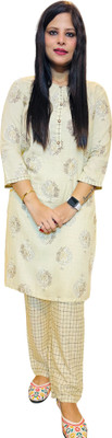 Shanaya Collection Women Embroidered, Checkered Straight Kurta(Beige)