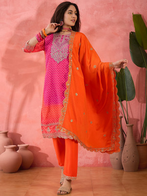 ShopGlobal Embroidered Kurta, Trouser/Pant & Dupatta Set