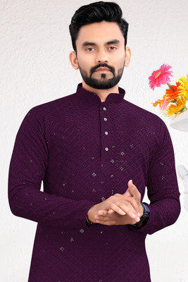 tejvin Men Chikan Embroidery Straight Kurta(Purple)