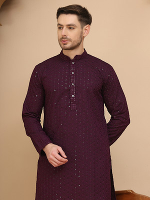 Jompers Men Floral Print Straight Kurta(Purple)