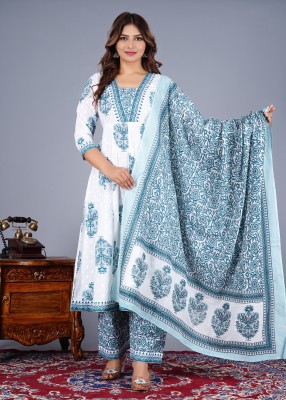 Sanganer Export Printed Anarkali Kurta, Bottom & Dupatta Set