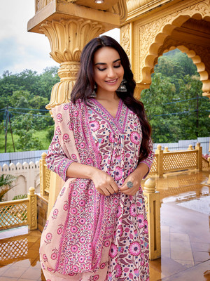 Tasrika Floral Print Anarkali Kurta, Bottom & Dupatta Set