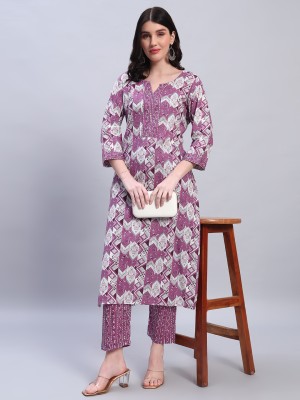 GREYSHADE Women Floral Print Straight Kurta(Purple)