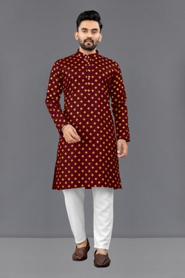 Shree Dutt Creation Men Printed Straight Kurta(Maroon)