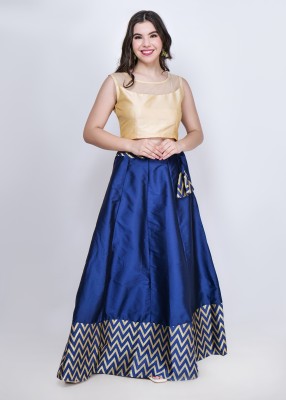 Frolic Rolic Embroidered Stitched Lehenga & Crop Top(Beige, Blue)