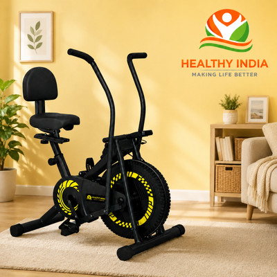 HEALTHYINDIA Exercise Bike with Moving Handle & Backrest for Home Cardio Workout Dual-Action Stationary Exercise Bike(Yellow, Black)