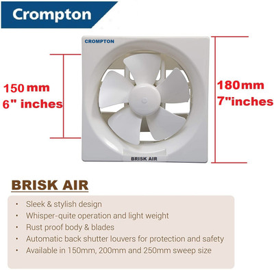 Crompton BRISK AIR NOISELESS AUTOMATIC SHUTTERS 100% COPPER HIGH PERFORMANCE 150MM 150 mm Silent Operation 6 Blade Exhaust Fan (PEARL WHITE, Pack…