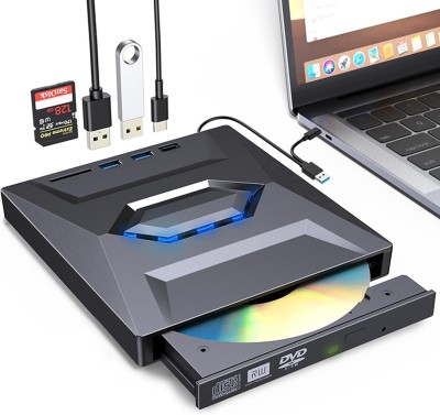 RyzCare External For CD DVD +/-RW Drive With SD Card Reader And USB 3.0+2.0+Type-C Input External DVD Writer(Port, CD&DVD Burner Player Burner Optical Disc Drive, Suitable For Laptop Black)