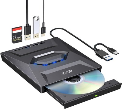 RuhZa CD DVD Drive with USB 3.0 & USB-C Ports & SD Card Slot, Portable CD Burner DVD External DVD Writer(Black)