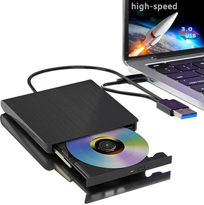 WEFLY 2in1 External DVD Drive USB 3.0 Type-C Portable Drive Slim CD/DVD Writer Reader External DVD Writer(Black)
