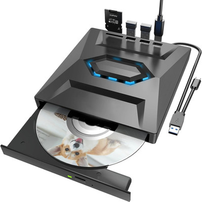 Sancy USB C Portable CD/DVD +/-RW Drive/DVD Player with SD Card Reader External DVD Writer(USB 3.0 USB C Hub CD ROM Burner - 5 In 1)