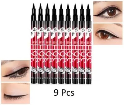 huemic EyeLiner Water & Smudge Proof 36 Hour Long Lasting Liquid Pack of 9 pc EyeLiner 22.5 g(BLACK)