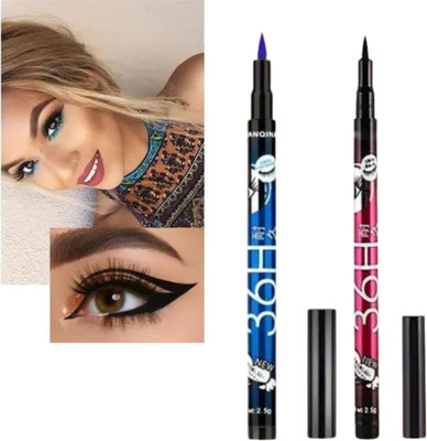 RED4 Waterproof 36H Eyeliner Blue + Black Colour Longlasting (Pack Of 2) 5 ml(Black)