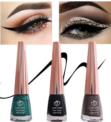 Looks United Metallic Long Lasting Intense Single Stroke Fashion Eyeliner Pack Of 3 15 ml(Metallic Forest Green, Coal Black, Matallic Brunette Brown)