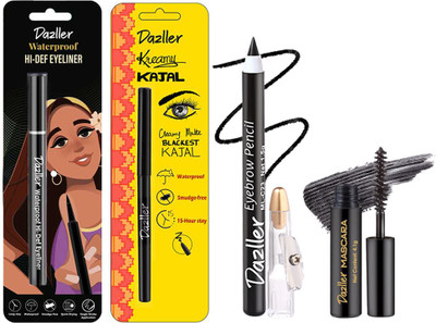 Dazller Eye Essential Hi-Def Eyeliner + Kreamy Kajal, 0.35g + Mascara, 4.1g + Eyebrow, 1.5 g(Black)