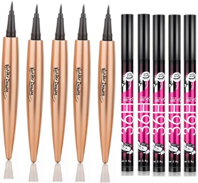 Facejewel 36HRS+24HRS Liquid Black Eyeliner Sketch Pen Waterproof & Smudgeproof Pack Of 10 3.9 g(Black)