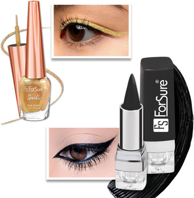 ForSure Absolut Shine Liquid Glitter Eyeliner & Kajal Combo Long Lasting, GlossyTexture 10 ml(Golden & Black)