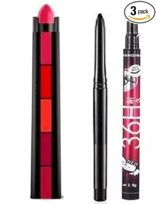 UEBES 5 in 1 Red Matte Waterproof Lip Color + 36hr Sketch Eyeliner & Black kajal 100 g(Multicolor)