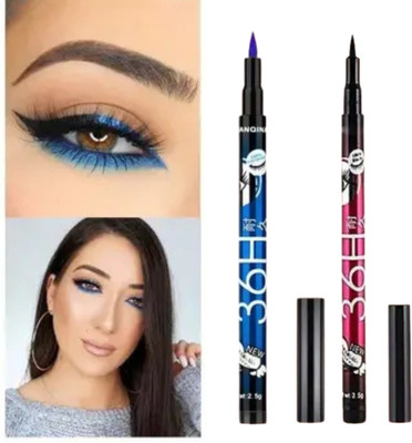 RED4 Liquid 36H Eyeliner Blue + Black Colour Longlasting (Pack Of 2) 5 ml(Black)