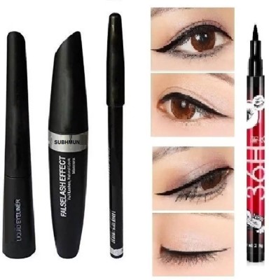 SUBHMUN 3 in 1 Set of Mascara,Eyeliner,Eyebrow Pencil With 36 Eyeliner Black 8 ml(BLACK)