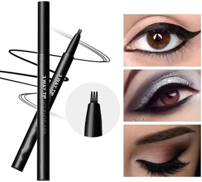 HUZURLU Easy Wearing 3 Way Tip Liquid Eyeliner Waterproof Multi Purpose Liner Pen 1.2 g(black)