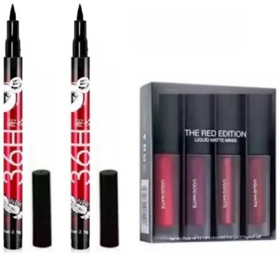 Aziel 36 Hour Deep Black Eyeliner(2Pcs)& Red Edition Liquid Matte Lipstick 4 pcs 16 ml(MULTICOLOR)