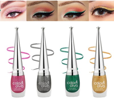 Color Diva Baris Eye Liner | Waterproof & Long-Lasting| Liquid Colored Eyeliner | Pack of 4 24 ml(Pink, grey, Green, Sliver)