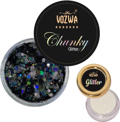 VOZWA Black Beauty Eyeshadow Chunky Glitter and Holographic White Eye Glitter 16 g(Black + White)