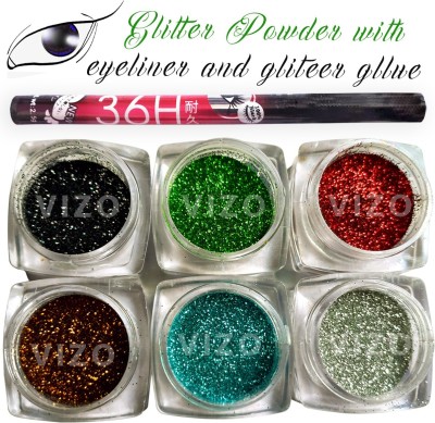 vizo Sparkling eye shadow glitter powder (Grey, Black, Blue, Green) + Glue + Eyeliner 11 g(Multicolor)