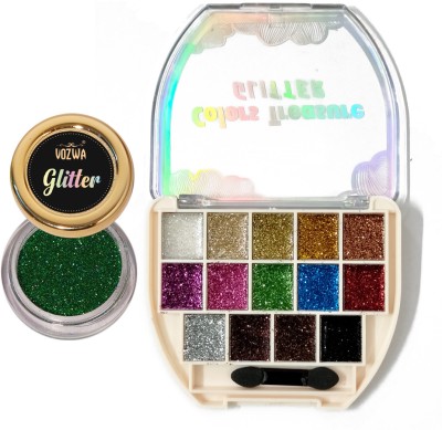 VOZWA Pressed Glitter Eyeshadow Palette with Holographic Green Glitter 18 g(Multicolor)