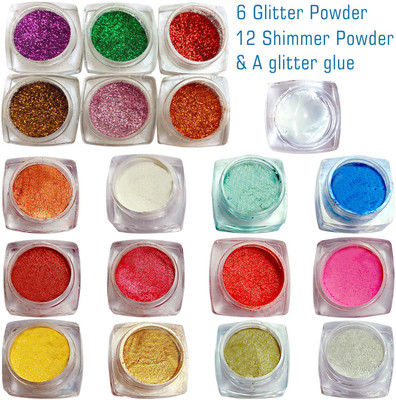 vizo Eye shadow Simmer powder 12 color with 6 color Glitter powder and glitter glue 25 g(Multicolor)