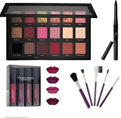 FROSTED COSMETIC 18 Shades RoseGold Eyeshadow With Red Matte lipstick with 5pc Makeup Brush Kajal 18 g(Multicolo)