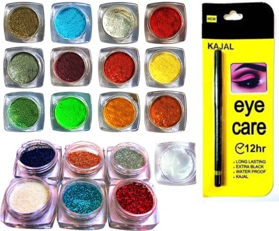 vizo Premium eyeshadow (Shimmer + Glitter) powder Multicolor + Glitter-glue + Kajal(20 Items in the set)