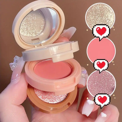 manasona Professional Baked Blusher Powder And Highlighter Eyeshadow Palette  Highlighter((3in1 Multicolor Shimmer Blush Contour With Brush Kit For Face Makeup Combo))