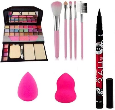 Chic Fusion Beauty Makeup Kit with 5 Pink Makeup Brushes Set and 2 Pink Blenders and 36H Eyeliner 2 ml(Multicolor)