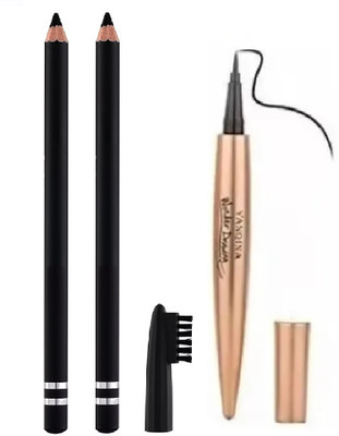 WECHARMERZ Smudge Proof 2 Eyebrow Pencil With Brush And 1 Black Eyeliner Pen Pack Of 3(Black)