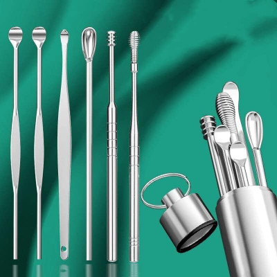 VKK TRADERS 6 Pcs Ear Cleansing Tool Set with Keychain Box | Earwax Removal Kit Eyebrow Thread(1 m, Pack of1)