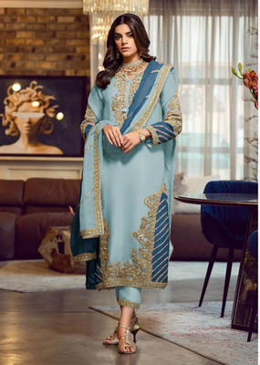 HEER FASHION Georgette Embroidered Salwar Suit Material