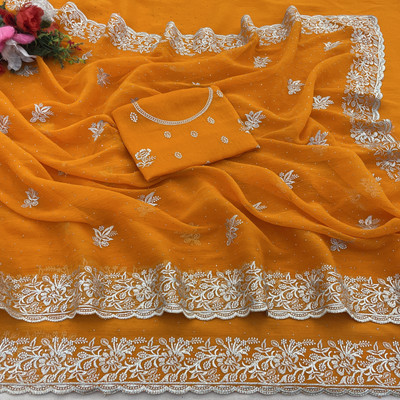 DkCartel Embroidered Bollywood Silk Blend Saree(Gold)