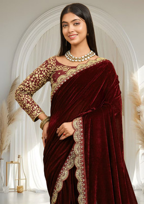 hutah Velvet Solid, Embroidered Blouse Material