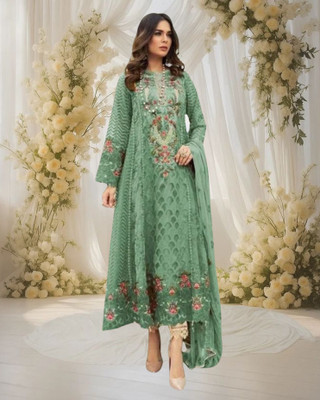 Dealbazaars Corporation Georgette Dyed, Embroidered, Checkered, Embellished, Self Design Salwar Suit Material