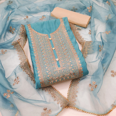 manvaa Silk Blend Embellished Salwar Suit Material