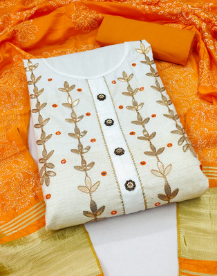 Samah Cotton Blend Embroidered, Embellished, Self Design Salwar Suit Material