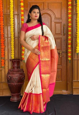 Anjaneya Sarees Woven Banarasi Silk Blend Saree(Cream)