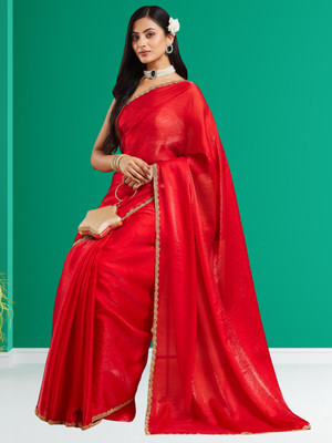 Croza Solid/Plain Bollywood Tussar Silk Saree(Red)