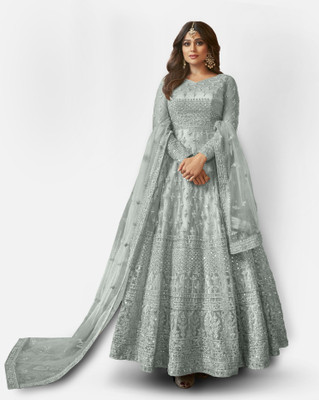 DIVINE INTERNATIONAL TRADING CO Net/Lace Embroidered, Embellished Gown/Anarkali Kurta & Bottom Material