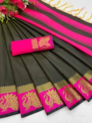 KanjiQueen Woven Kanjivaram Silk Blend, Cotton Blend Saree(Black, Pink)