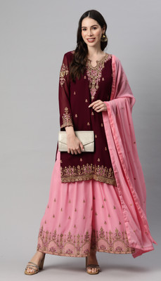 DIVINE INTERNATIONAL TRADING CO Georgette Embroidered Kurta & Sharara Fabric
